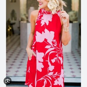 Gibson pink floral ruffle neck dress S